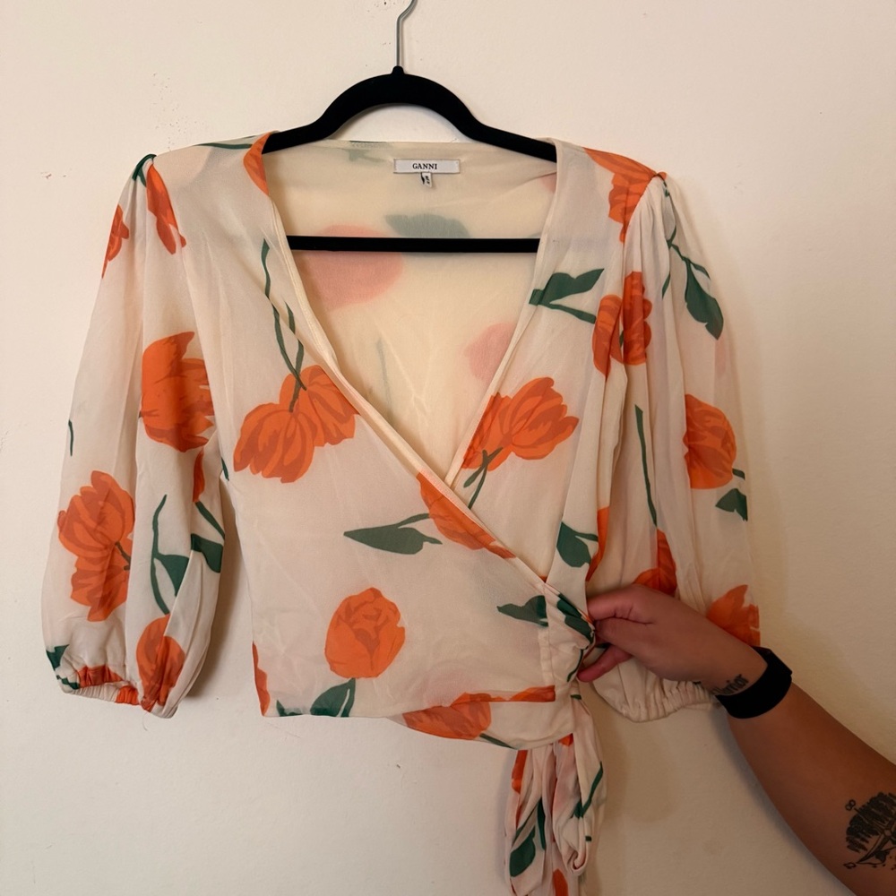 Ganni Floral Wrap Blouse - Orange and Green